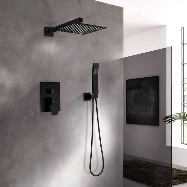1-Spray Square 10 in. Shower Head Brass Wall Bar Shower Kit with Valve and Hand Shower Rainfall Shower in Matte Black