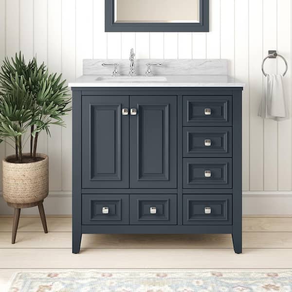 TJAmerican Graydon 36 in. Freestanding Steel Grey Bath Vanity with White Natural Carrara Marble Top Assembled