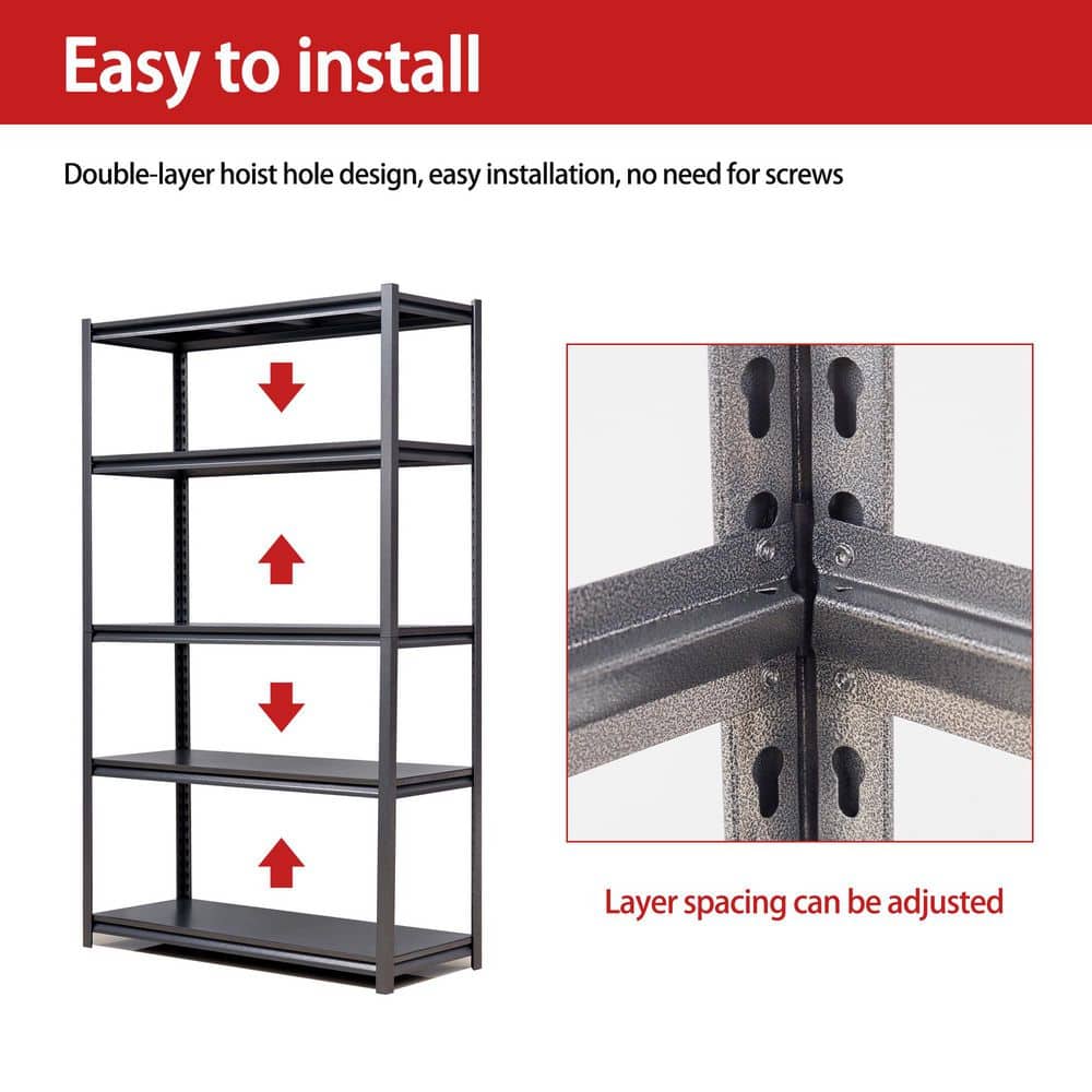 72" Black Heavy Duty Metal 5-Tier Adjustable Shelving Unit
