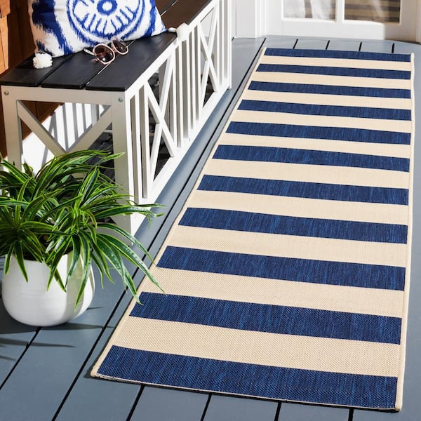 Courtyard Beige/Navy 2 ft. x 8 ft. Awning Stripe Indoor/Outdoor Runner Rug