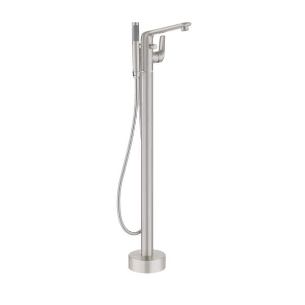 Single-Handle Modern Floor Mount Freestanding Bathtub Faucet with Handheld Shower in Brushed Nickel