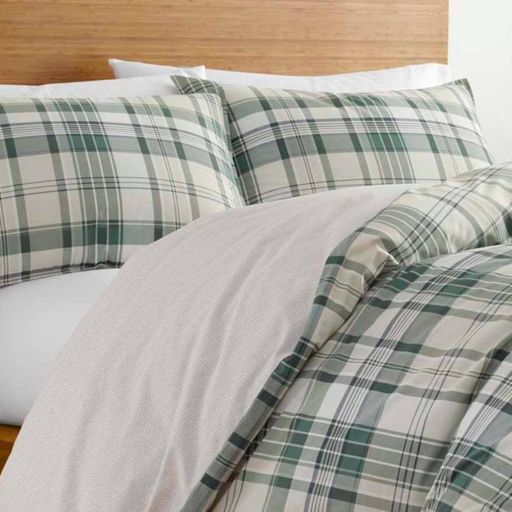 Full/Queen Green Plaid Cotton Duvet Cover Set