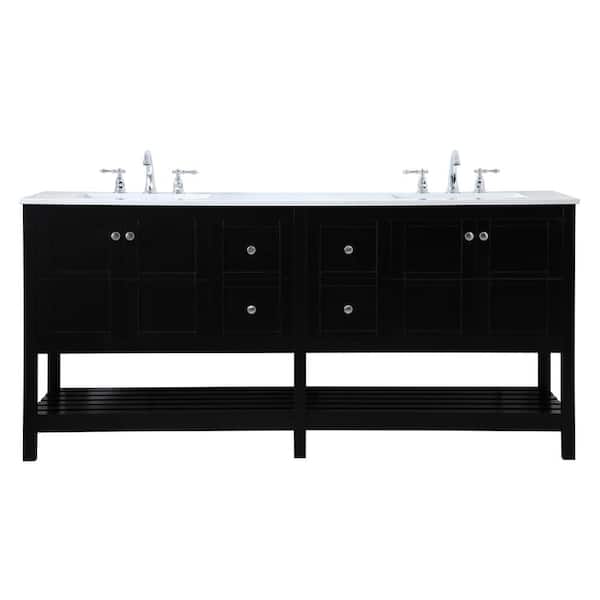 Unbranded Timeless 72 in. W x 22 in. D x 34 in. H Double Bathroom Vanity in Black with White Engineered Stone with White Basin