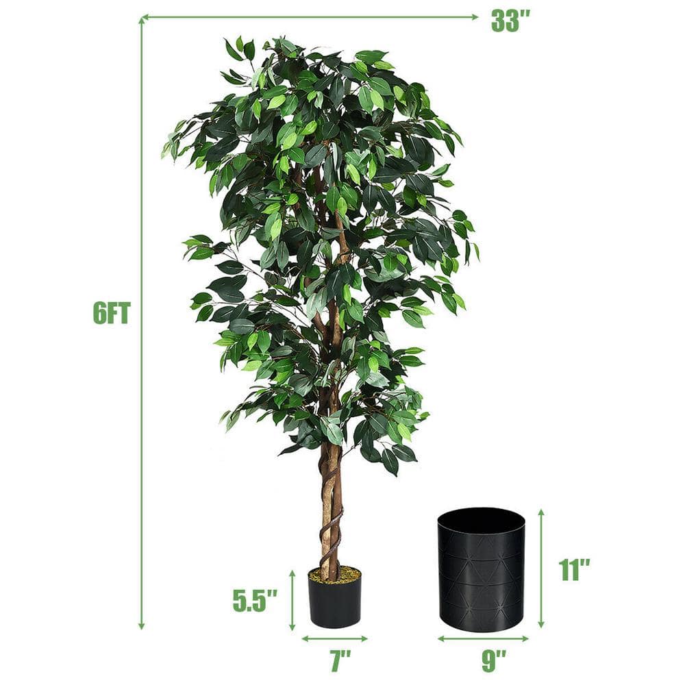 6-Foot Green Artificial Ficus Silk Tree with Wood Trunks
