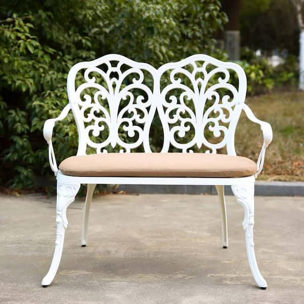 Unbranded White Patio Bench Metal Park Bench Cast Aluminum Outdoor Bench with Brown Cushion for Patio, Park, Lawn, Yard