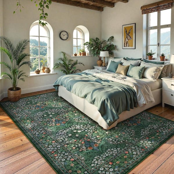 Boho Floral Botanical Washable Non Slip Dark Green 8 ft. x 10 ft. Area Rug