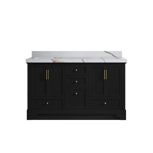 Willow Collections Alys 60 in. W x 22 in. D x 36 in. H Double Sink Bath Vanity in Black with 2 in. Calacatta Gold Top