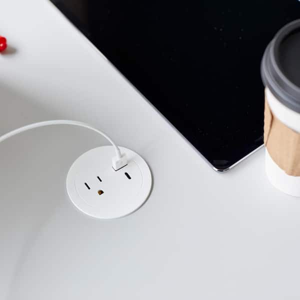 Round 15 Amp 1-Outlet and 2 Type A/C USB White Recessed Furniture Power Strip with 10 Ft. Cord