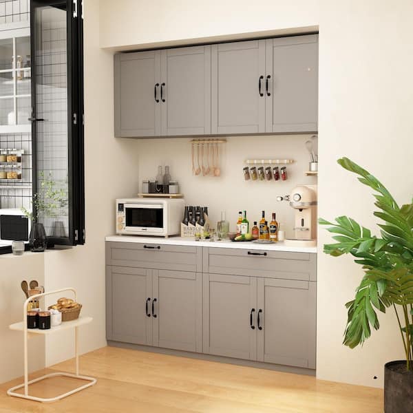 63 in. W x 17.5 in. D x 55.1 in. H Ready to Assemble Wood Kitchen Cabinet in Gray with 8 Shelves & 2 Drawers(2 Parts)