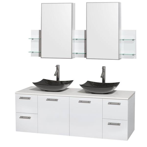 Wyndham Collection Amare 60 in. Double Vanity in Glossy White with Solid-Surface Vanity Top in White, Granite Sinks and Medicine Cabinet