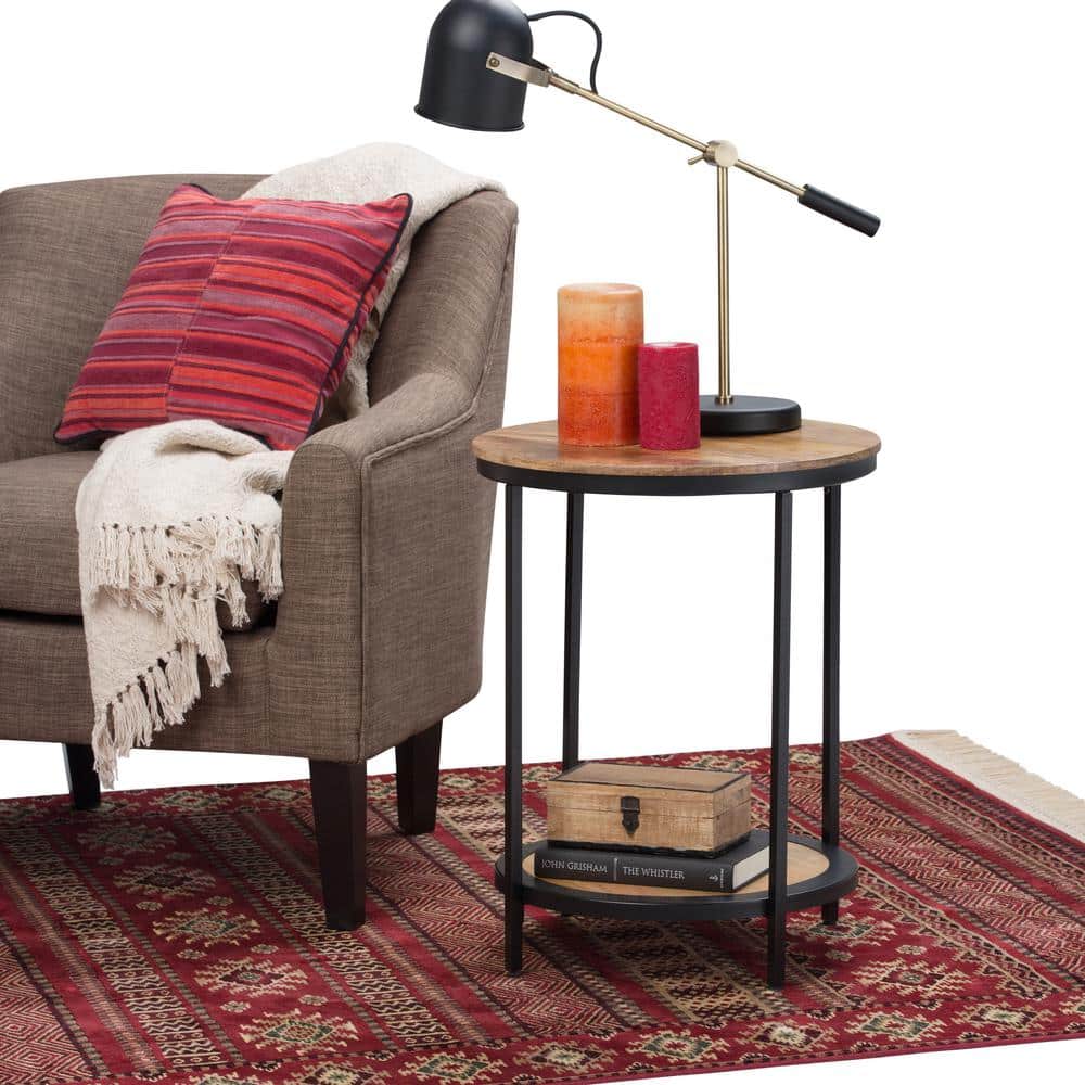 Simpli Home 18.5" Black Metal and Natural Wood Round Side Table