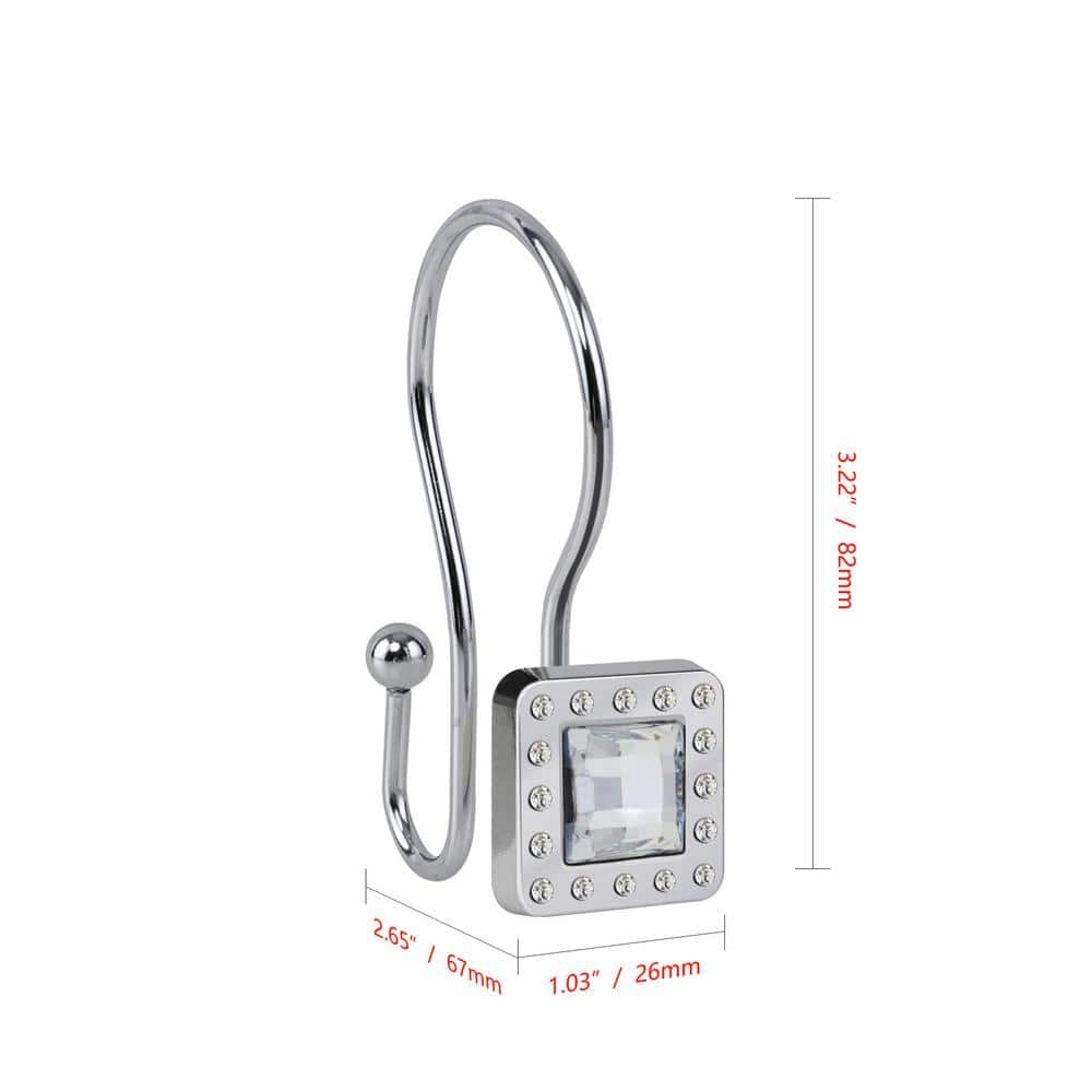 Chrome Double Shower Curtain Hooks with Crystal Design, Set of 12