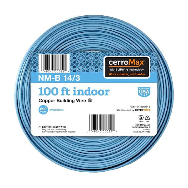 100 ft. 14/3 Light Blue Solid CerroMax SLiPWire Copper NM-B Wire
