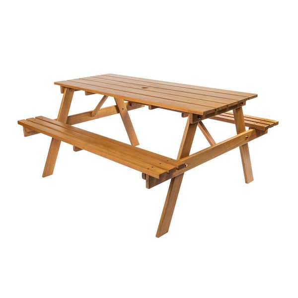 Shoreham 59 in. Modern Classic Outdoor Wood Picnic Table Benches with Umbrella Hole, Teak Brown