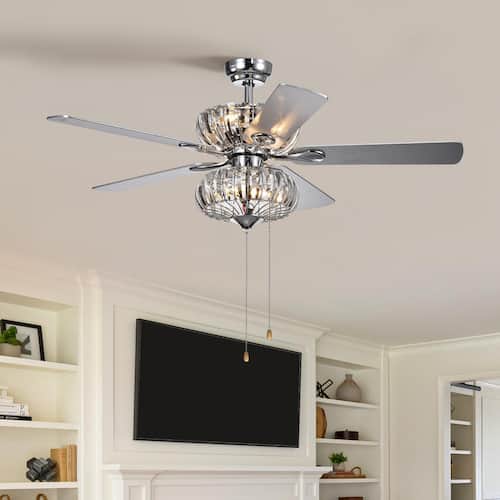 52 in. W Crystal Indoor Chrome Ceiling Fan with Light, Hand Pull Chain Control, No Bulb Sunpez Ceiling Fans With Lights
