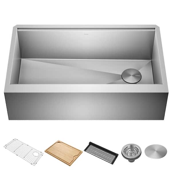 KRAUS Kore 33 in. Farmhouse/Apron-Front Single Bowl 16 Gauge Stainless Steel Kitchen Workstation Sink with Accessories