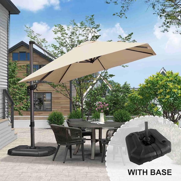 9 ft. Square Aluminum Outdoor Patio Cantilever Umbrella Offset 360° Rotation Umbrella with Base, Beige