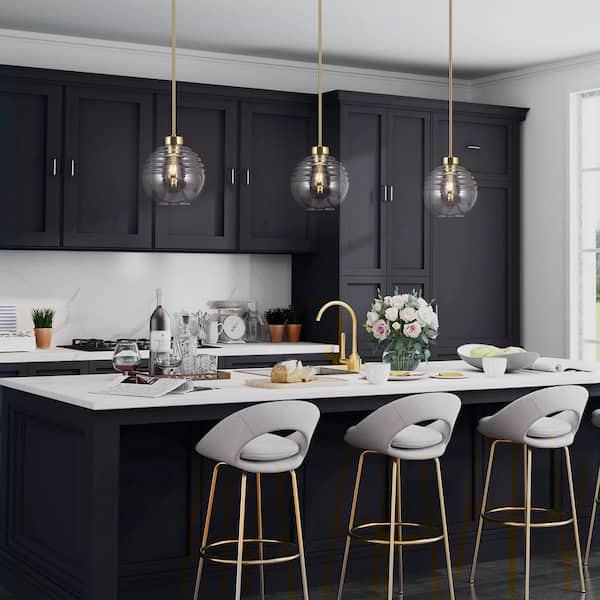 Modern Kitchen Island Pendant Light Bubble 1-Light Brass Gold Pendant Lighting with Clear Striped Glass Shade