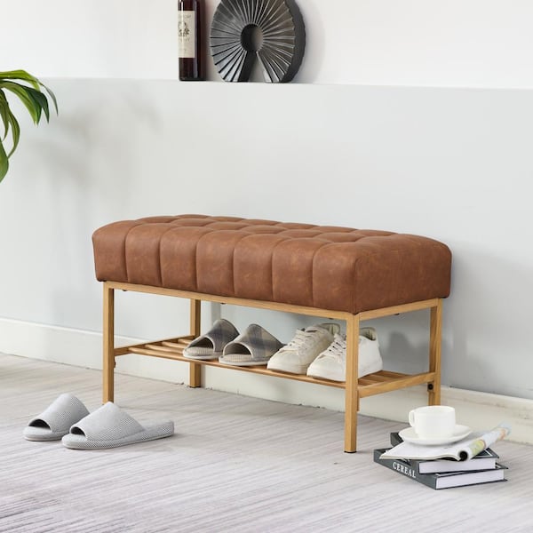 Drew Brown Modern Tufted Retro Leather Upholstered Shoe Storage Bench with Metal Legs