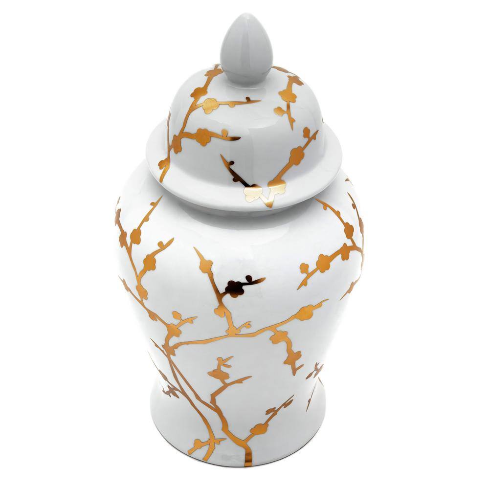 18" White and Gold Porcelain Temple Jar with Glossy Finish