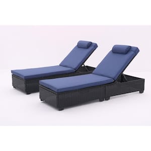 2-Piece Black Wicker Outdoor Chaise Lounge with Blue Cushions and Adjustable Backrest