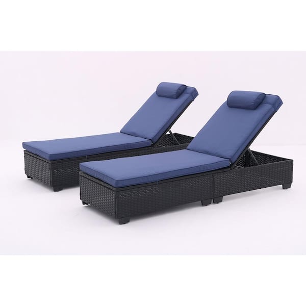 Cesicia 2-Piece Black Wicker Outdoor Chaise Lounge with Blue Cushions and Adjustable Backrest