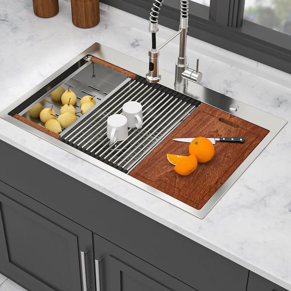 36 in. Drop in Double Bowl (60/40) 16 Gauge Brushed Nickel Stainless Steel Kitchen Sink with Workstation