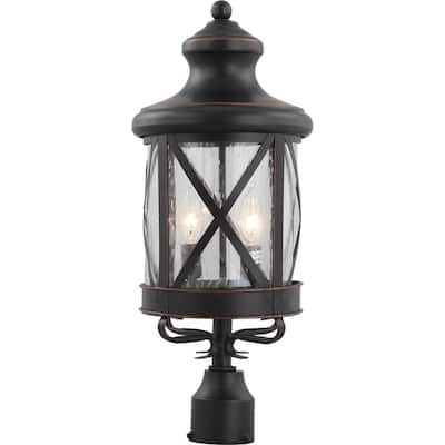 3-Light Outdoor Black Copper Aluminum Lamp/Lantern/Cottage Candle-Style Post Mount with Clear Seedy Glass