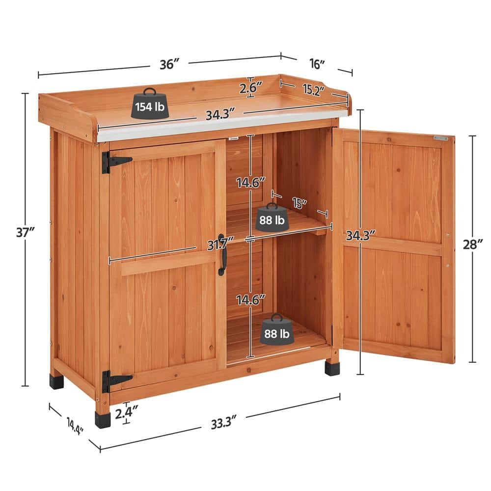 Brown Fir Wood Garden Potting Bench with Metal Tabletop