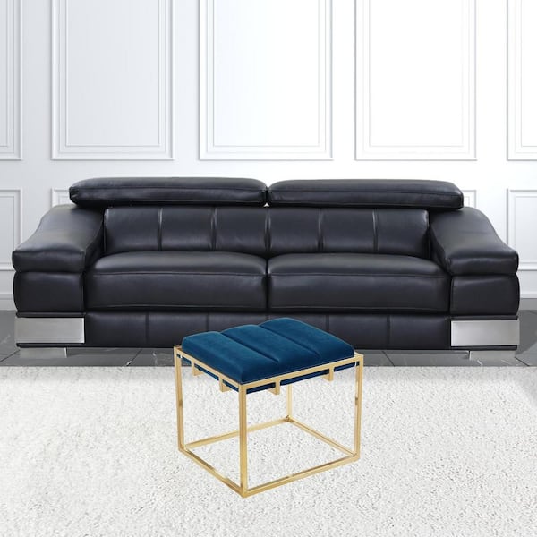 HomeRoots Navy And Gold Velvet Rectangle Standard 21.2L x 16.5W x 18.5H Ottoman