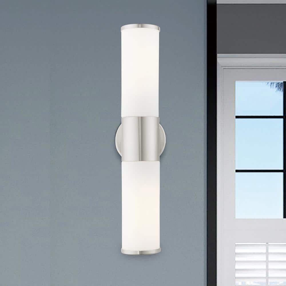 Brushed Nickel 2-Light Vanity with Satin Opal Glass Shades