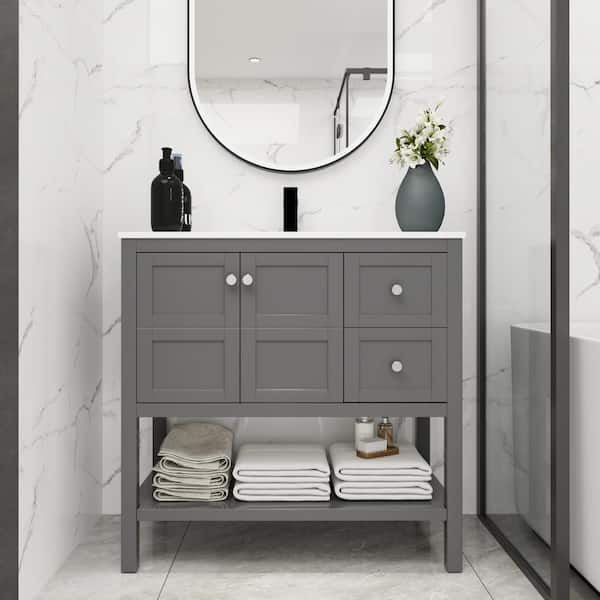 Runesay 36 in. W x 18 in. D x 35 in . H Bathroom Vanity with Ceramic Basin Top in Rock Gray Solid Frame Bathroom Storage Cabinet