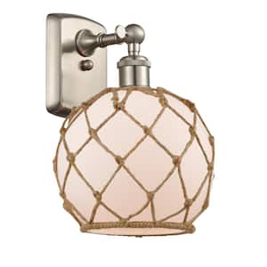 Farmhouse Rope 8 in. 1-Light Brushed Satin Nickel Wall Sconce with White Glass with Brown Rope Glass and Rope Shade
