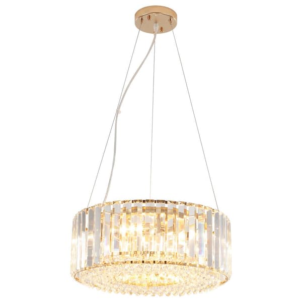 LWYTJO 15.75 in. 5-Light French Gold Crystal Drum Chandelier Light for Farmhouse Living Room Foyer