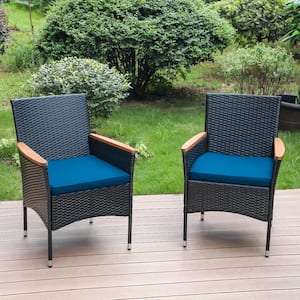 Black Ergonomic Rattan Metal Wooden Armrest Patio Outdoor Dining Chair with Blue Cushion (2-Pack)