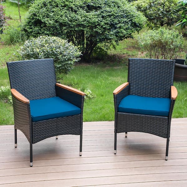 PHI VILLA Black Ergonomic Rattan Metal Wooden Armrest Patio Outdoor Dining Chair with Blue Cushion (2-Pack)
