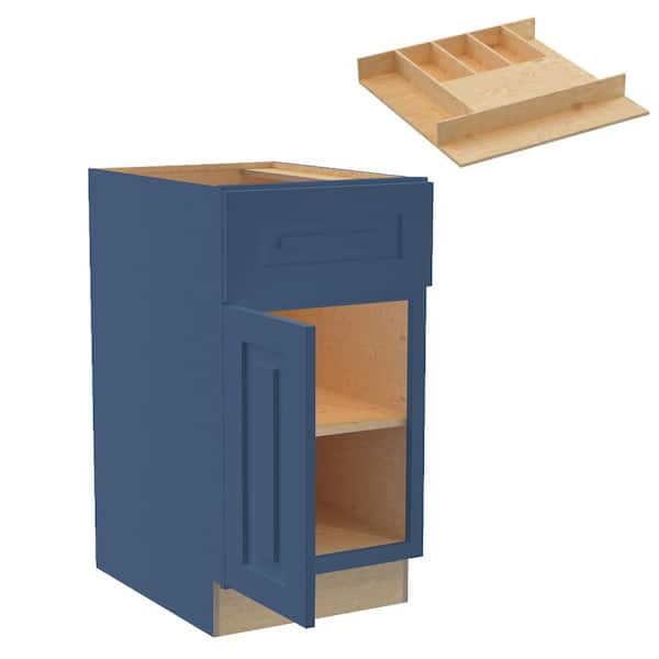 Home Decorators Collection Grayson 18 in. W x 24 in. D x 34.5 in. H Assembled Plywood Base Kitchen Cabinet in Mythic Blue with Cutlery Soft Cls LH