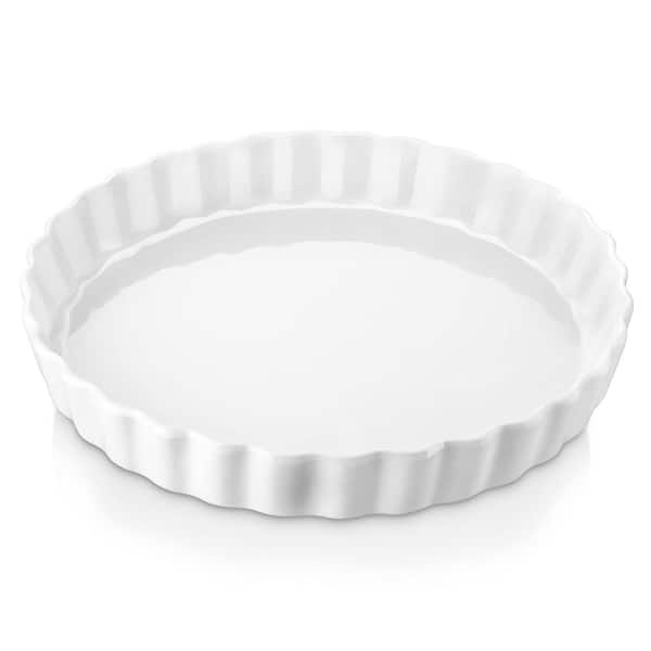 10 in. Round Porcelain Quiche Baking Dish, Non-Stick Pie Pan with Ruffled Edge, Microwave and Oven Safe (White)
