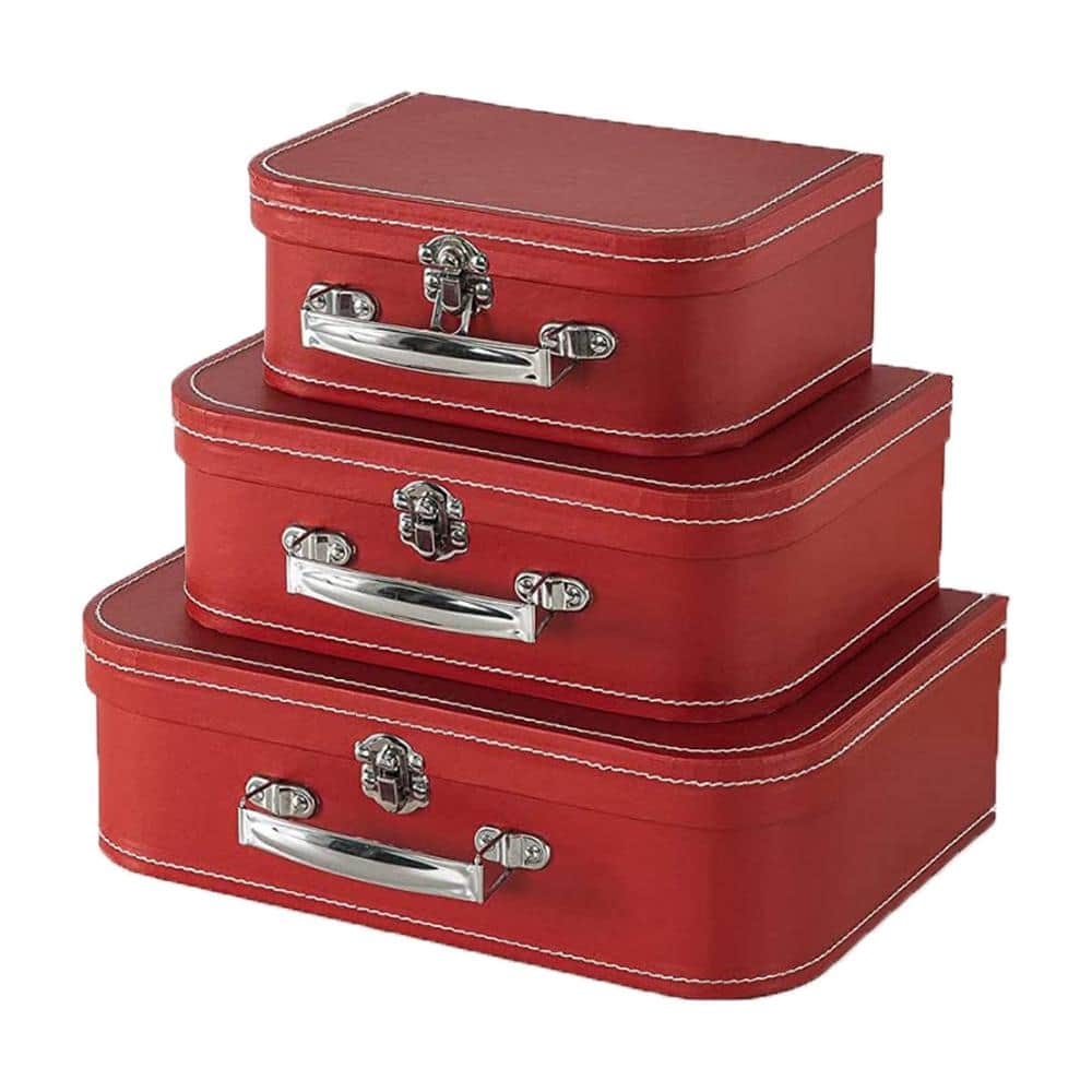 Set of 3 Red Vintage Wood Stackable Lidded Boxes