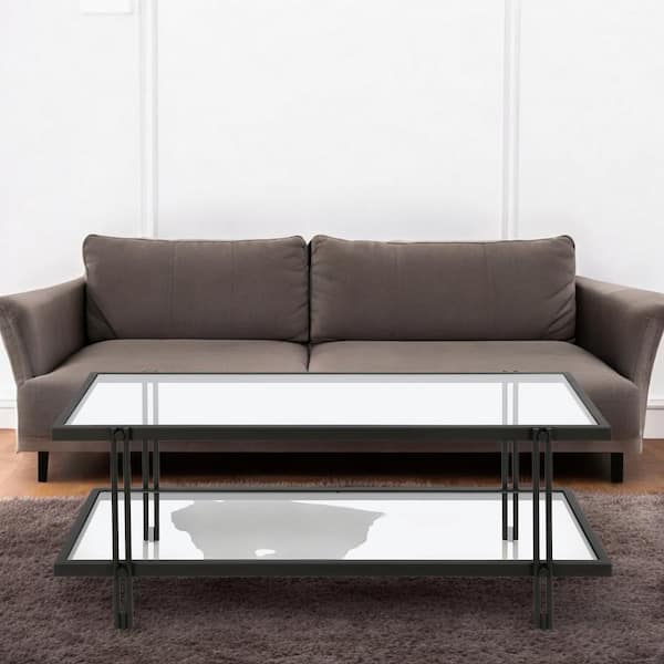 HomeRoots 45 in. Black Rectangle Glass Coffee Table with Shelves;Storage