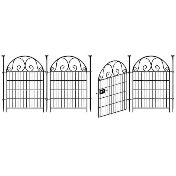 40 in. Black Metal Garden Fence with Gate-4 Panels (27 in. L), 8.8 ft. Total, Reusable Outdoor Defense.