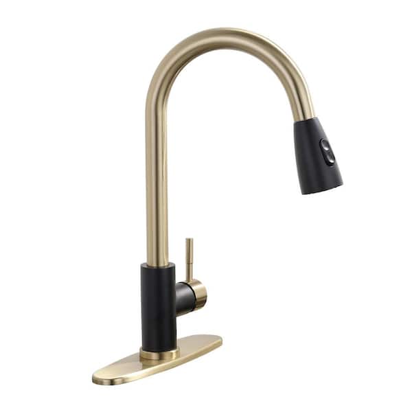 IVIGA Stainless Steel Single Handle Pull Out Sprayer Kitchen Faucet with Deckplate in Black and Gold