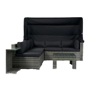 7-Piece Patio Retractable Canopy Wicker Rattan Outdoor Sectional Sofa Set with Black Cushions
