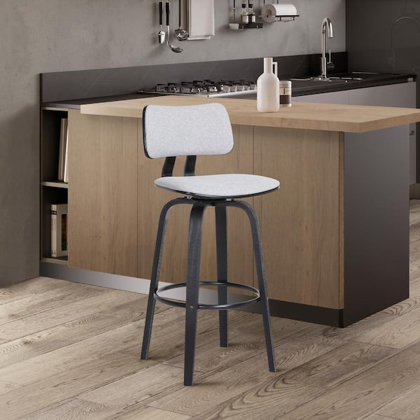 Armen Living Pico Swivel 26 in. Light Grey, Black Metal, Wood Counter Stool with Light Grey Fabric Seat