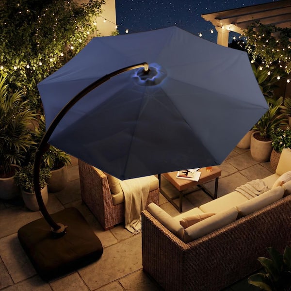 busch light patio umbrella LAZZO 11 ft. Cantilever Patio Umbrella with LED Lights and Base, Aluminum  Offset 360° Rotation Umbrella, Champagne ACPUB185LG