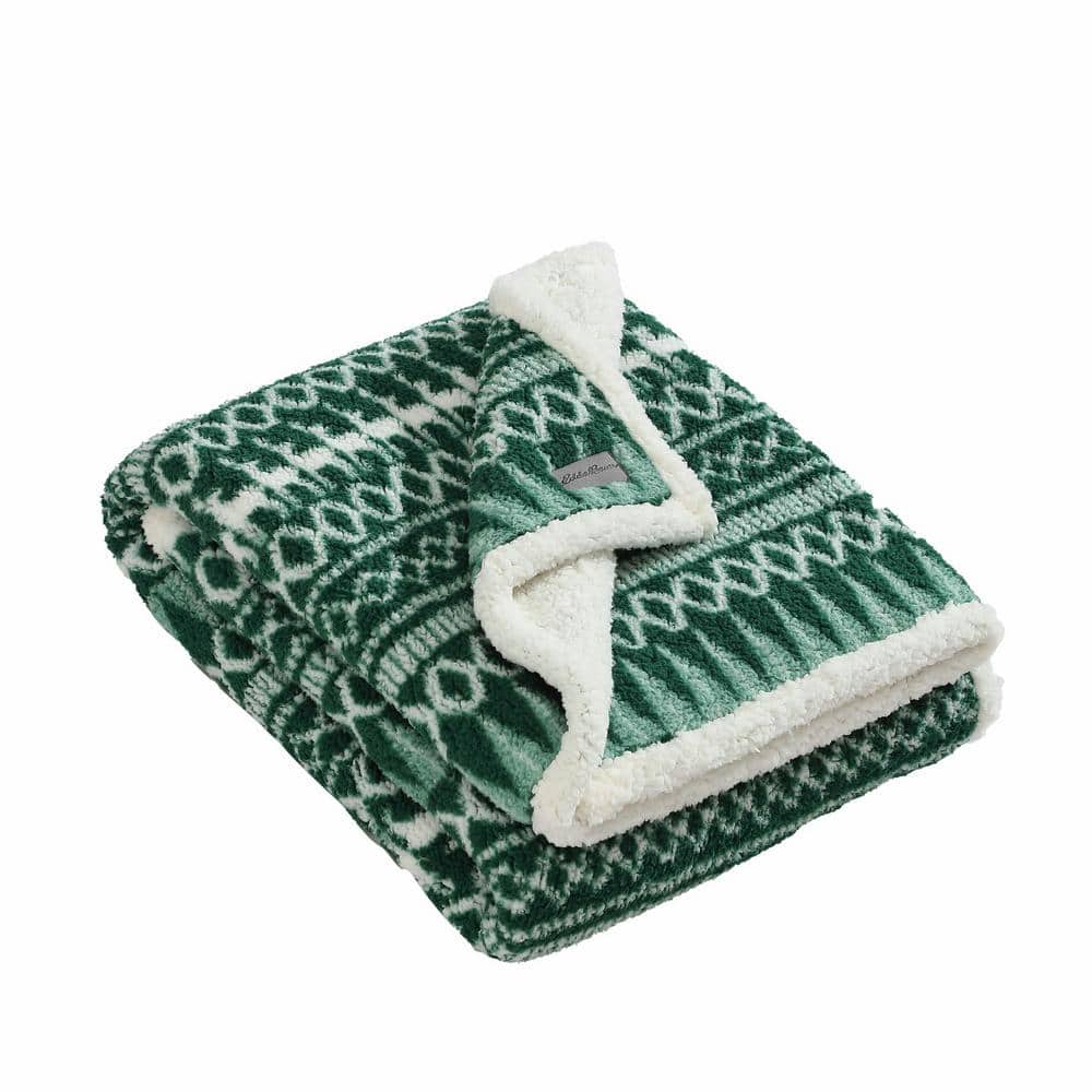 EDDIE BAUER Alpine Fair Isle Printed Sherpa Green Microfiber Throw