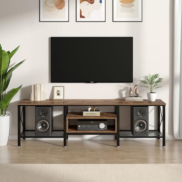 VECELO Industrial TV Stand Television Cabinet 3-Tier Console with Open Storage Shelves 63 in. Brown