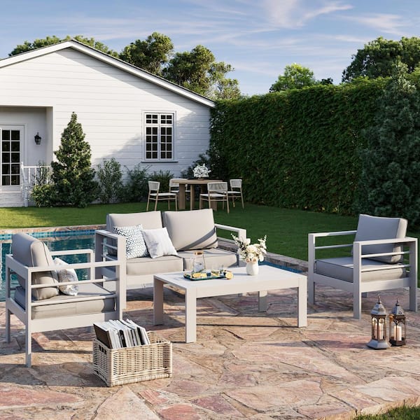 4-Piece Aluminium 4-Seat Outdoor Patio Conversation Set with Light Gray Cushions