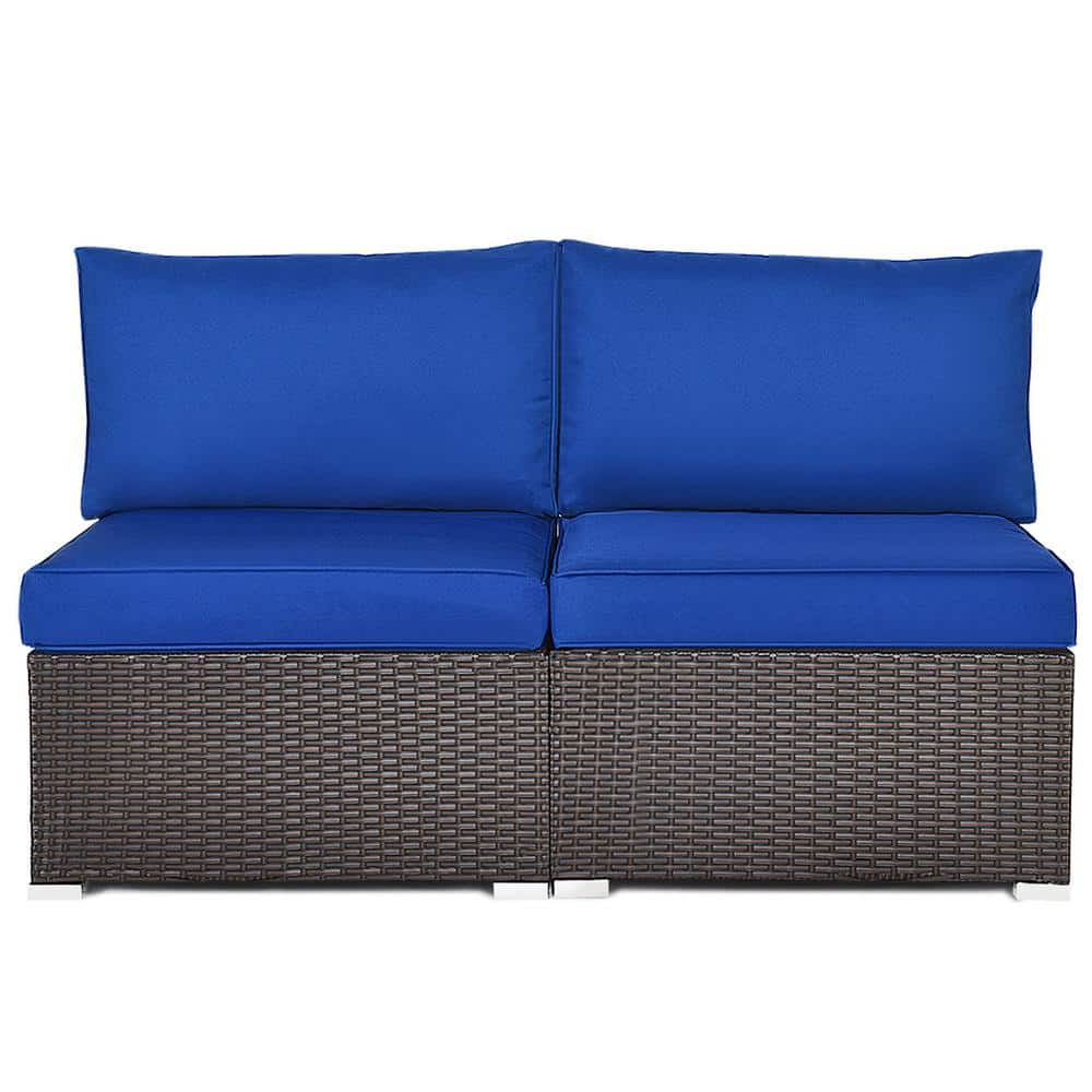 Outdoor 2-Pieces Rattan Armless Sofa Set with Navy Cushions