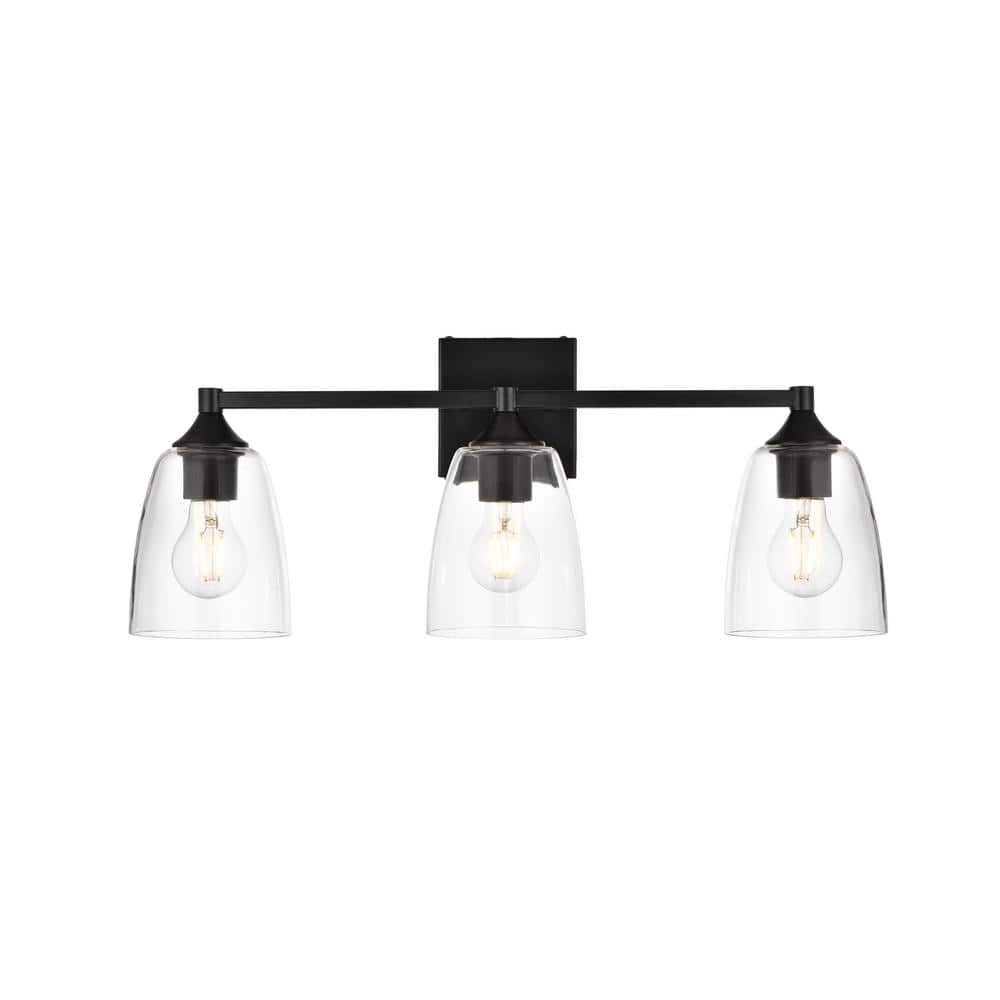 Simply Living 24 in. 3-Light Modern Black Vanity Light with Clear Bell Shad